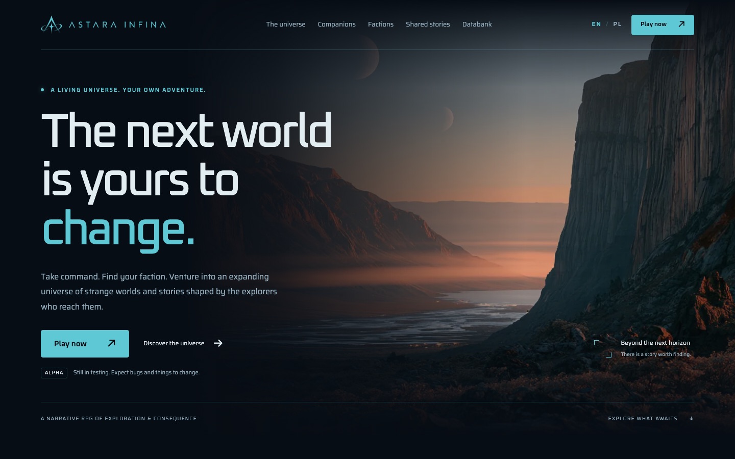 Astara Infina homepage: 'The next world is yours to change' over an alien landscape