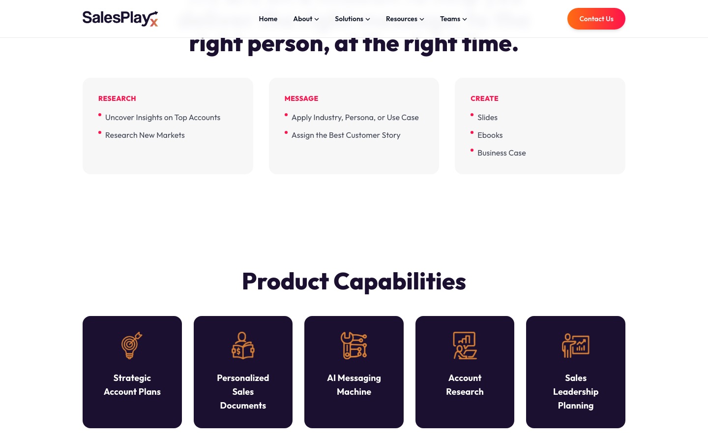 SalesPlay X website showing the research, message and create workflow and the product capabilities