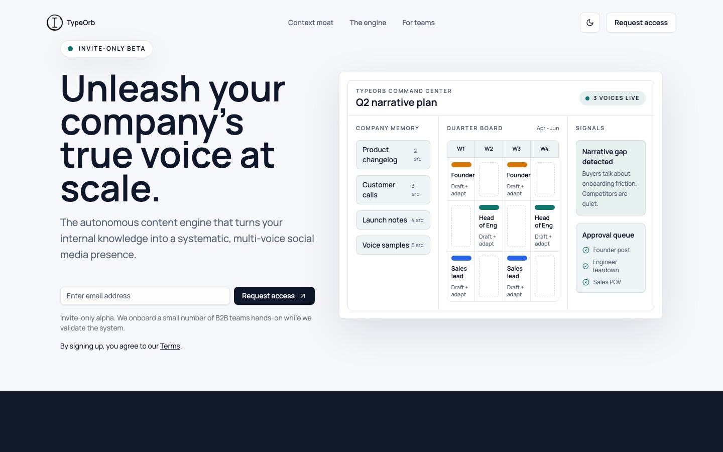 TypeOrb homepage showing the command center with company memory, a quarterly narrative board and an approval queue